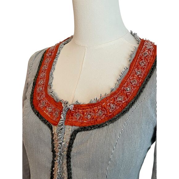VINTAGE Free People Boho BlazerJacket Womens 0 Pinstripe Beaded Embellished - Picture 3 of 11